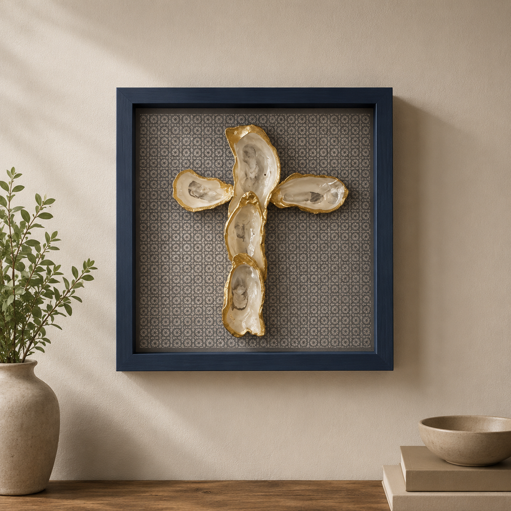Gold-Gilded Oyster Shell Cross Shadow Box