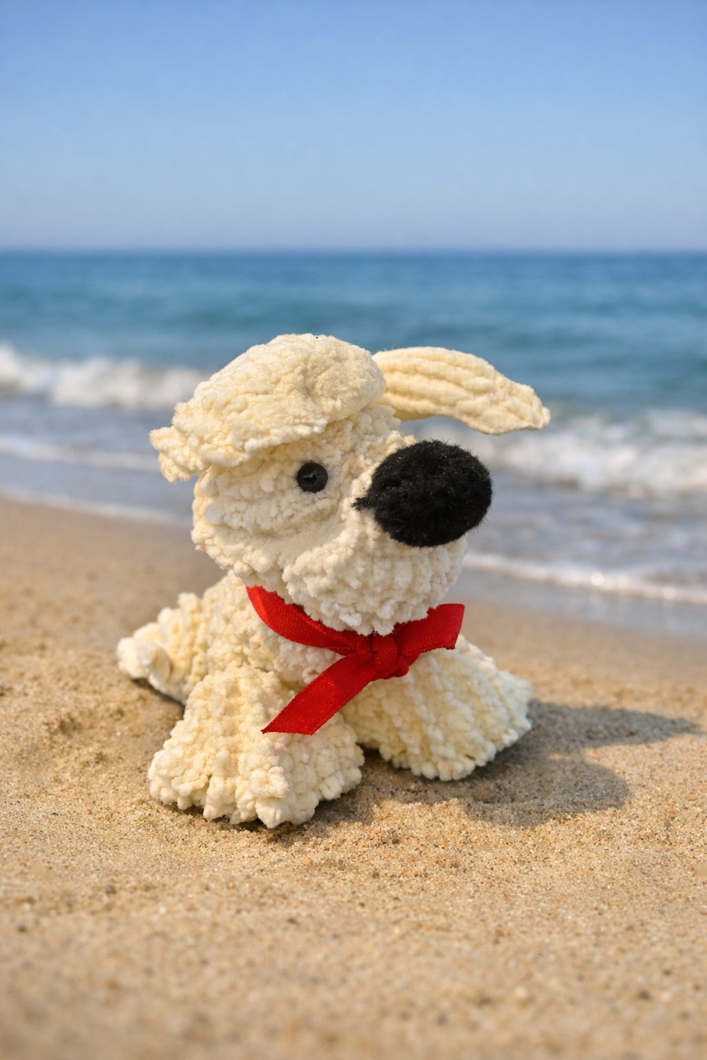 Handcrafted Shell Puppy Figurine with Red Bow