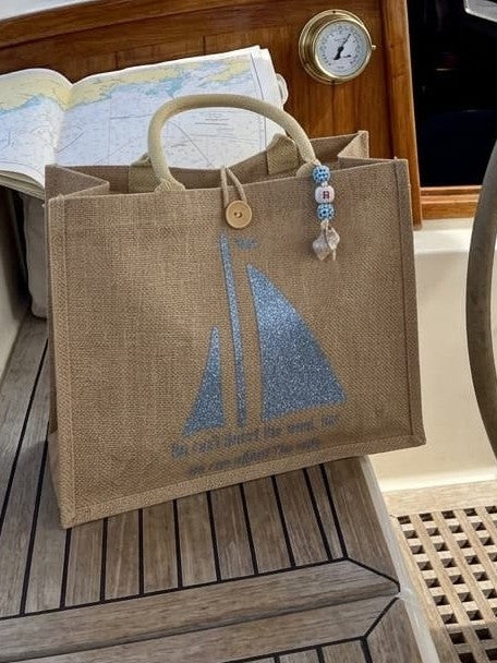 Sailboat Glitter Jute Market Tote with Bead & Shell Charm
