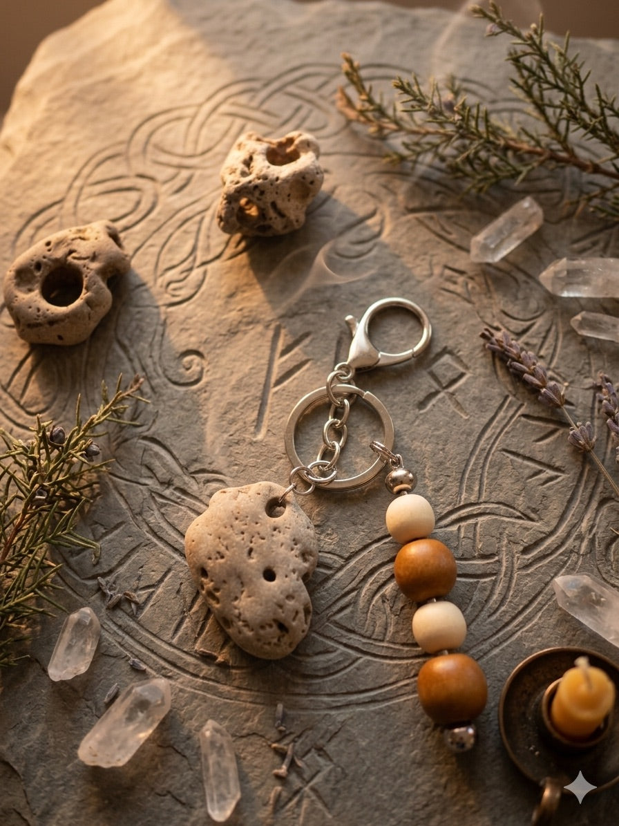 Hag Stone Keychain with Wood Bead Charm