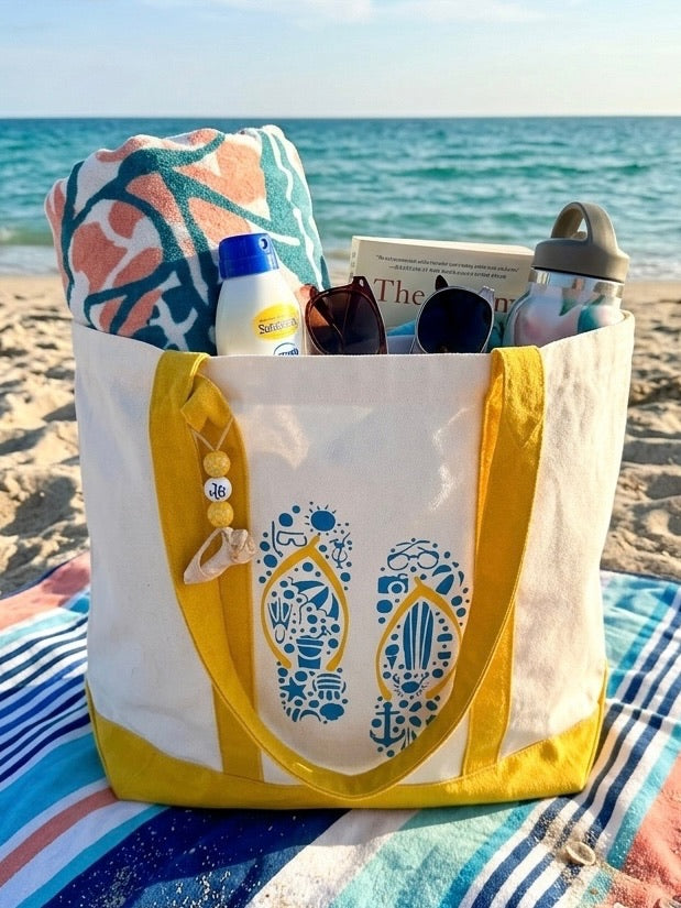 Flip Flop Canvas Beach Tote Bag with Shell Charm