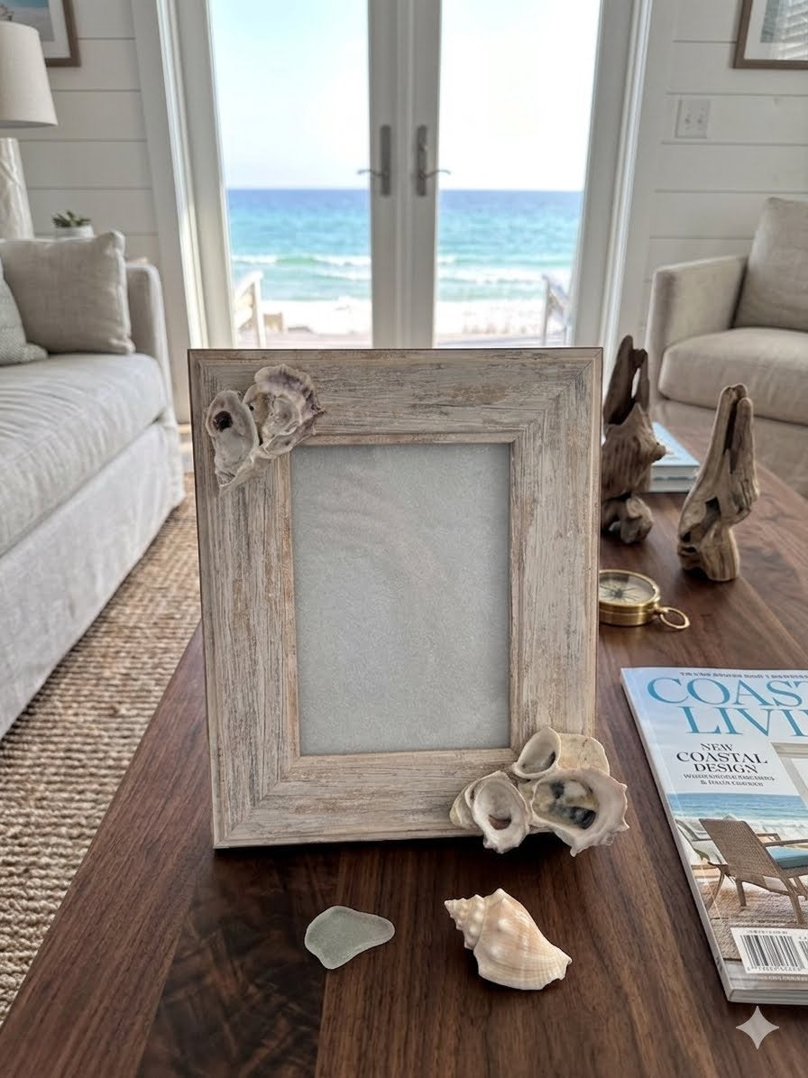 Shell-Embellished Whitewash Wood Photo Frame
