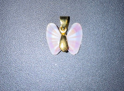 Pink iridescent gold shell butterfly angel wing pendant