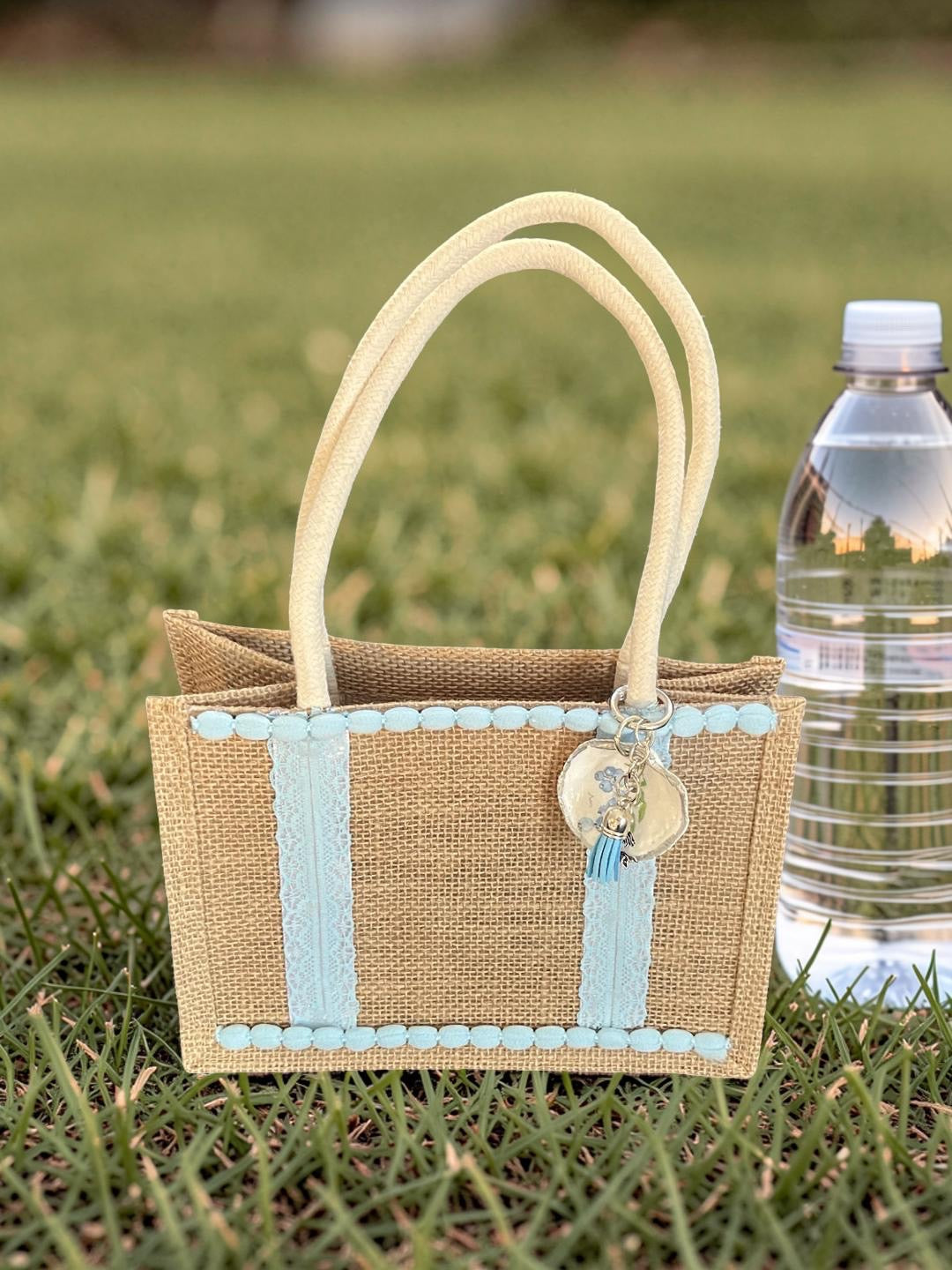 Blue Lace & Pearl Mini Jute Tote Bag with Heart Charm