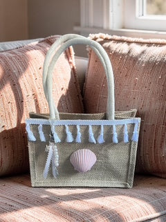 Blush Shell & Blue Fringe Mini Jute Tote Bag