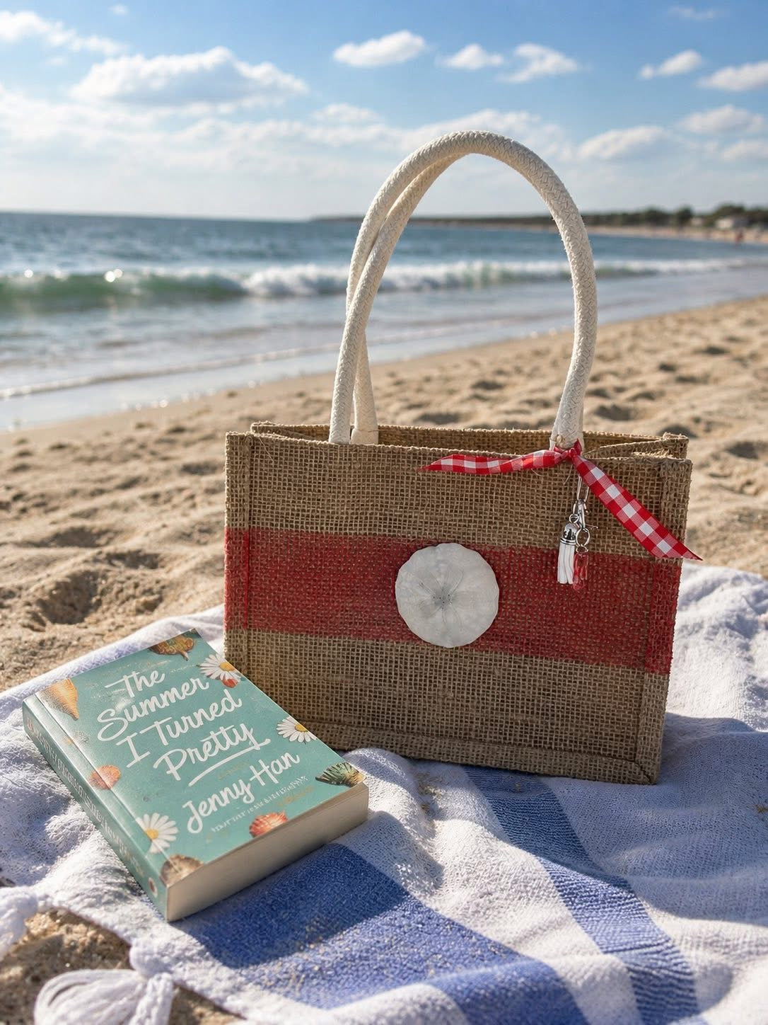 Sand Dollar Jute Tote Bag with Red Gingham Bow