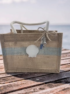 Iridescent Shell Jute Tote Bag with Shell Cluster Charm
