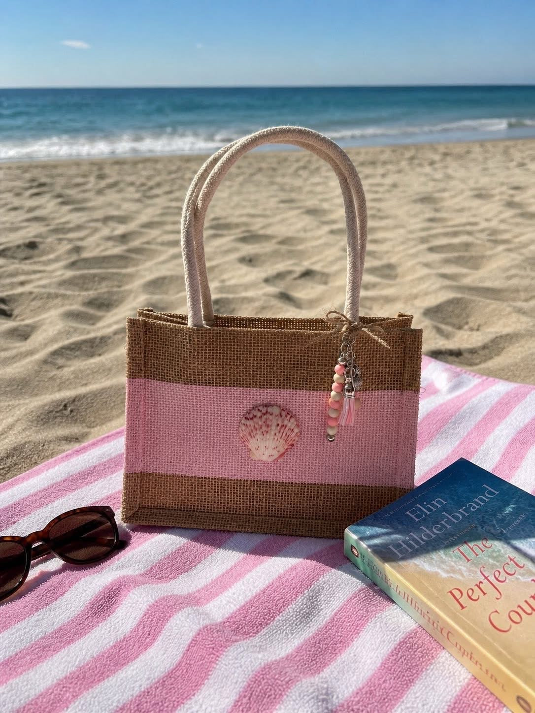 Pink Stripe Shell Jute Tote Bag with Bead Tassel Charm