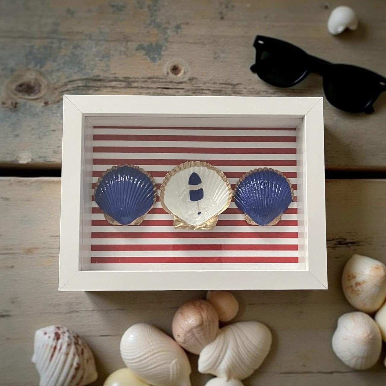 Nautical Lighthouse Shell Shadow Box – Red, White & Navy