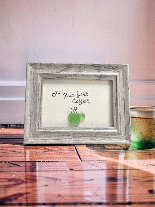 But first Coffee pebble art with green sea glass coffee cup in a distressed grey shadow box frame