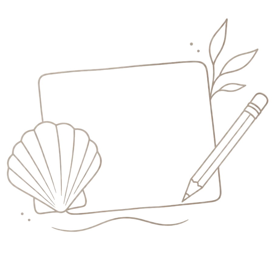 Simple line drawing of a shell, pencil, and leaves on a light background