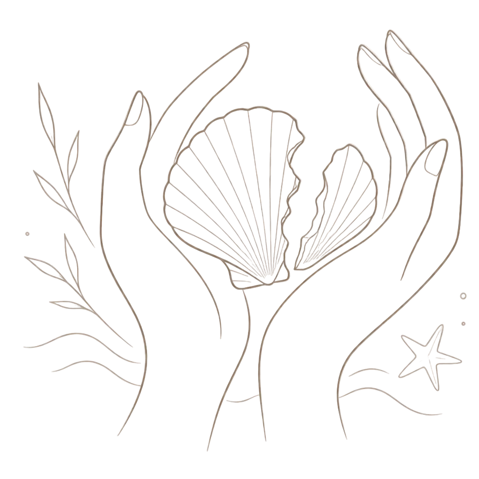 Outline illustration of hands holding a shell with a starfish on a transparent background