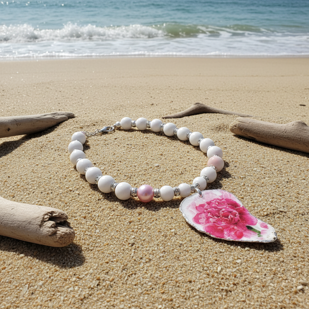 Shell pendant necklace with pink peony on coastal beach background