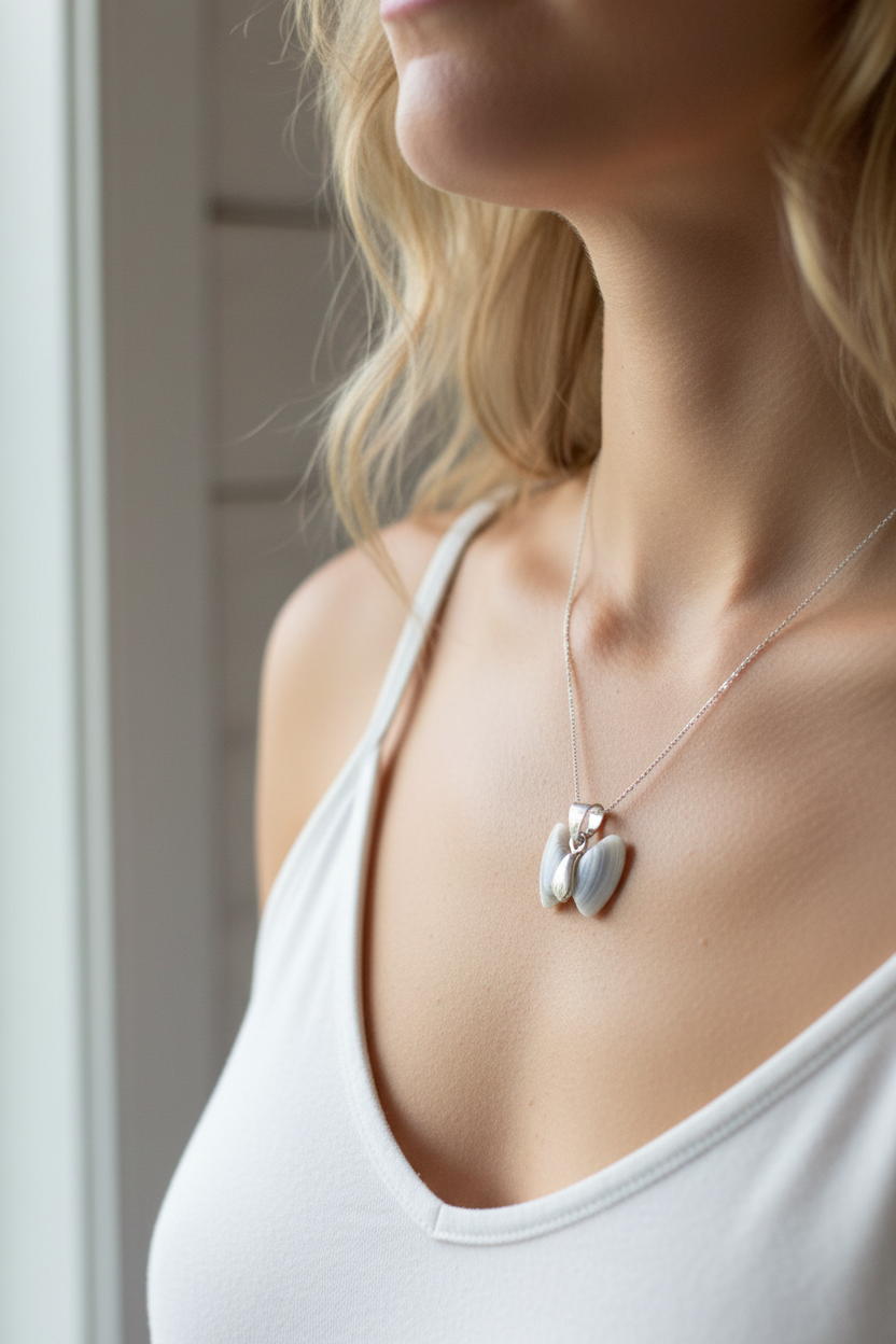 Translucent silver shell butterfly angel wing necklace on a woman's neck