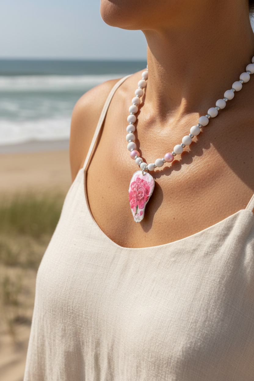 Shell pendant necklace with pink peony worn on neck