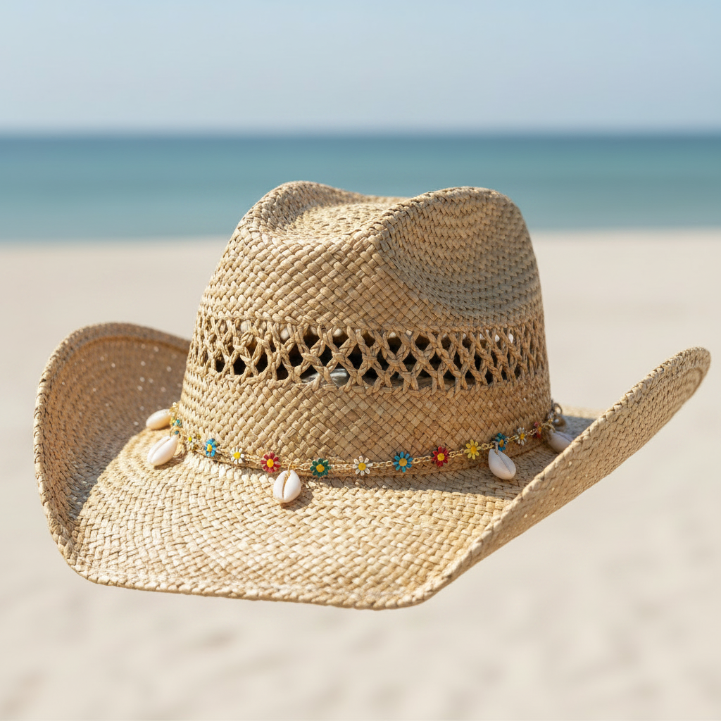 Shell hat chain on a cowboy hat at the beach